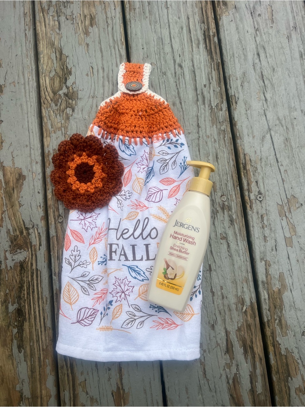 Hand Crafted Hello Fall Kitchen Hanging Towel with Orange Crochet Top